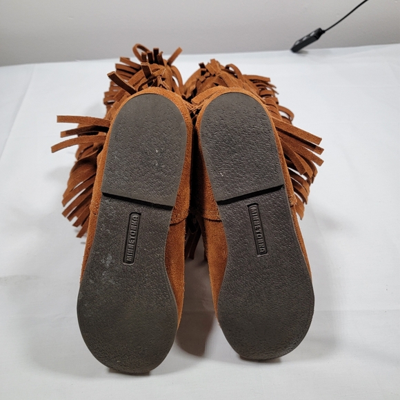 Womens Size 8 MinneTonka Fringed Suede Leather 3 Row Fringe Brown Moccasins Boot - Picture 6 of 8